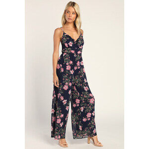 NWT - Lulus Flowering Expression Navy Blue Floral Ruffled Wide-leg Jumpsuit